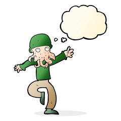 cartoon alien monster man with thought bubble