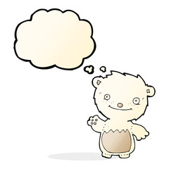 cartoon waving polar bear cub with thought bubble