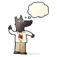 cartoon business wolf with idea with thought bubble