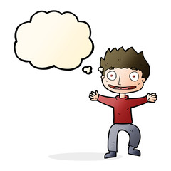 cartoon grinning boy with thought bubble