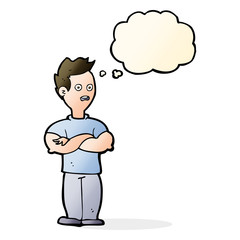 cartoon man with crossed arms with thought bubble