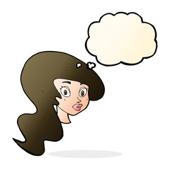 cartoon pretty female face with thought bubble