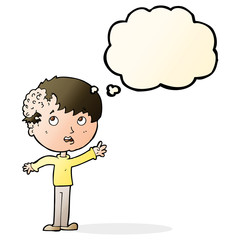cartoon boy with growth on head with thought bubble