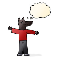 cartoon happy wolf man with thought bubble