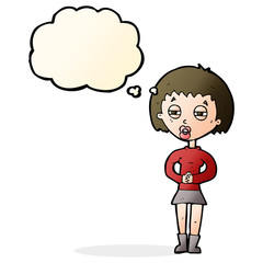cartoon suspicious girl with thought bubble