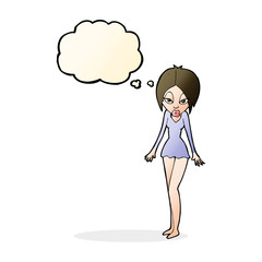 cartoon woman in short dress with thought bubble