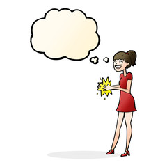 cartoon woman clapping hands with thought bubble