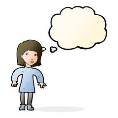 cartoon cautious woman with thought bubble