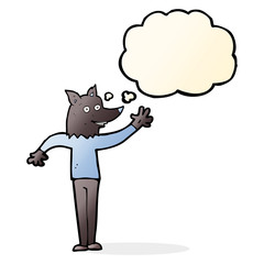 cartoon waving wolf man with thought bubble