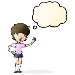 cartoon girl waving with thought bubble