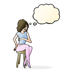 cartoon woman sitting on bar stool with thought bubble