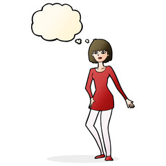cartoon woman in dress with thought bubble