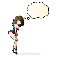 cartoon woman in lingerie with thought bubble