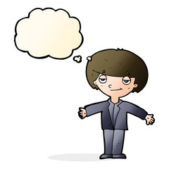cartoon smug boy with thought bubble
