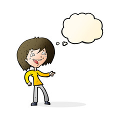 cartoon woman laughing and pointing with thought bubble