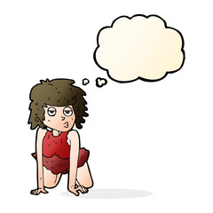 cartoon woman doing pin-up pose with thought bubble