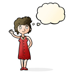 cartoon hippie woman waving with thought bubble