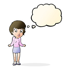 cartoon woman shrugging shoulders with thought bubble