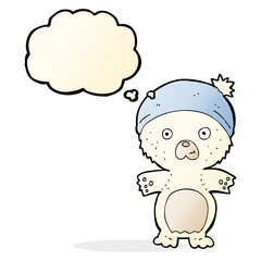 cartoon cute polar bear in hat with thought bubble