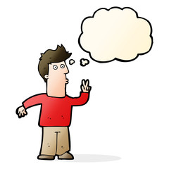 cartoon man giving peace sign with thought bubble