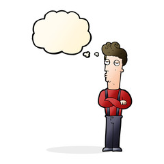 cartoon unimpressed man with thought bubble