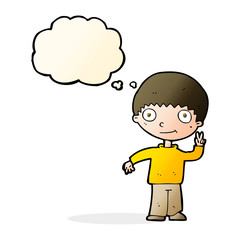 cartoon boy giving peace sign with thought bubble