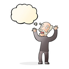 cartoon terrified old man with thought bubble