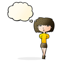 cartoon shy woman with thought bubble