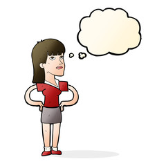 cartoon woman with hands on hips with thought bubble