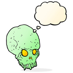 cartoon spooky skull with thought bubble