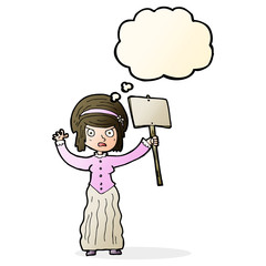 cartoon vicorian woman protesting with thought bubble