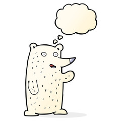 cartoon waving polar bear with thought bubble