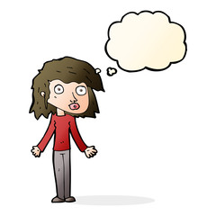 cartoon girl shrugging shoulders with thought bubble
