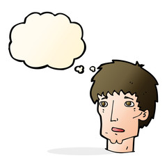 cartoon worried man with thought bubble