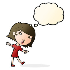 cartoon happy girl gesturing to follow with thought bubble