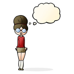 cartoon librarian woman with thought bubble