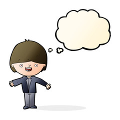 cartoon happy boy with open arms with thought bubble