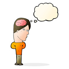 cartoon man with big brain with thought bubble
