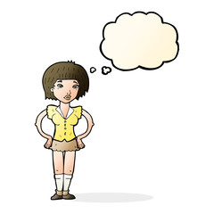 cartoon woman with hands on hips with thought bubble