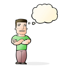 cartoon tough guy with folded arms with thought bubble