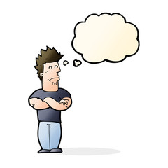 cartoon sulking man with thought bubble