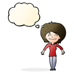 cartoon woman shrugging shoulders with thought bubble