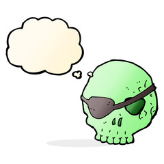 cartoon skull with eye patch with thought bubble
