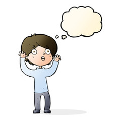 cartoon frightened man with thought bubble