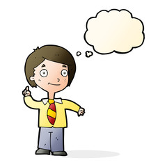 cartoon school boy answering question with thought bubble