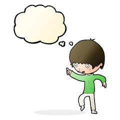 cartoon worried boy pointing with thought bubble