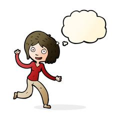 cartoon happy waving girl with thought bubble