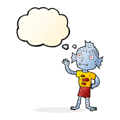 cartoon waving fish boy with thought bubble