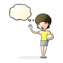 cartoon woman waving with thought bubble