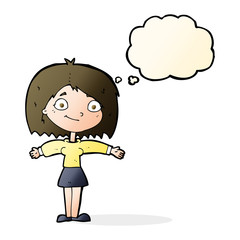 cartoon happy girl with thought bubble